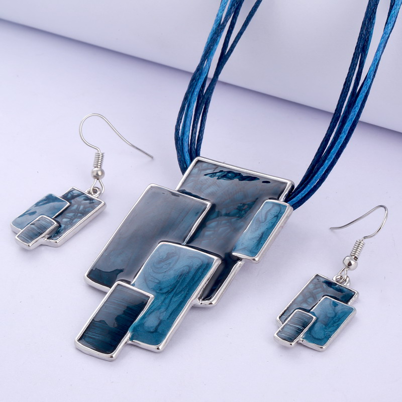 Bohemian Enamel Jewelry Sets For Women Silver Plated Geometric Big Gem Pendant Necklace And Earrings Set Wholesle Jewelry Set