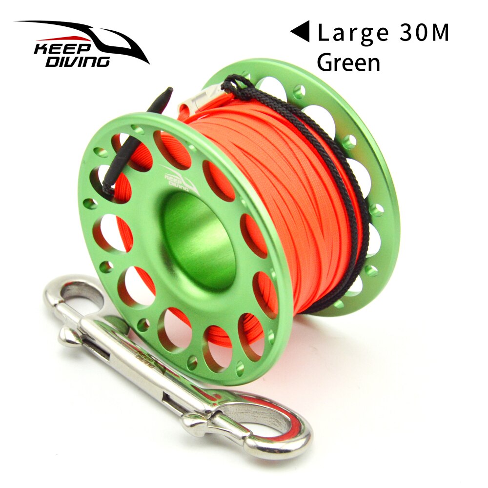 Carrete de dedo de aleación de aluminio para buceo, 15M/30M, de acero inoxidable con gancho de doble extremo, equipo SMB, accesorios para cuevas y buceo: Green 30M