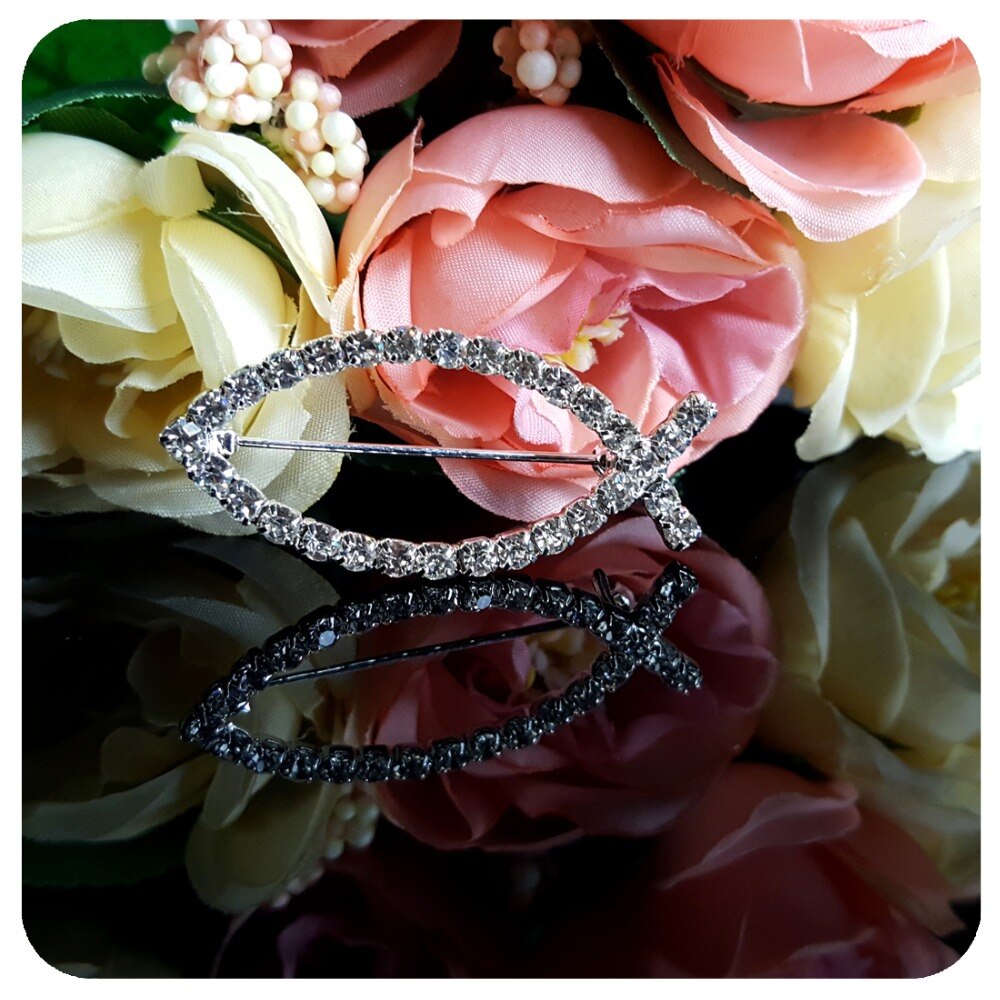 Klar Strass Silber Farbe "Jesus Fisch" Brosche Stifte für taufen Brosche für Mann