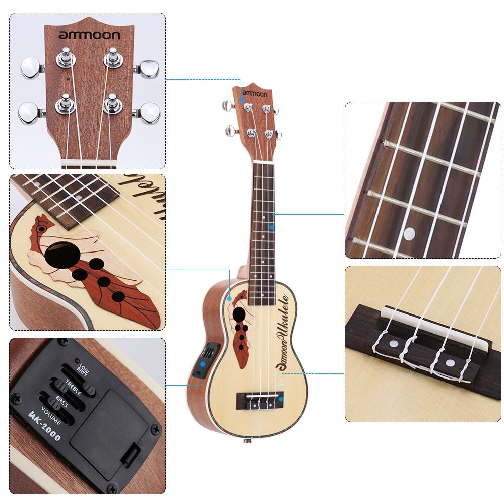 ammoon Acoustic Ukulele Spruce 21&quot; Ukulele15 Fret 4 Strings Guitar Mini with Built-in EQ Pickup Stringed Musical Instrument