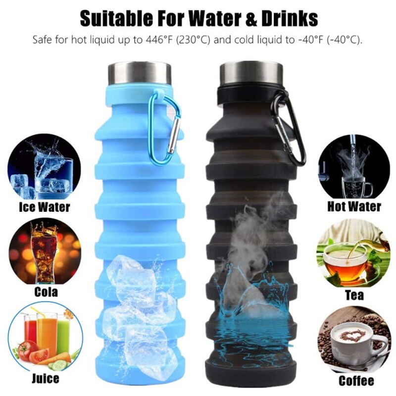 Siliconen Opvouwbare Water Fles Voor Travel Gym Camping Wandelen Draagbare Lekvrije Sport Water Fles Met Karabijnhaak