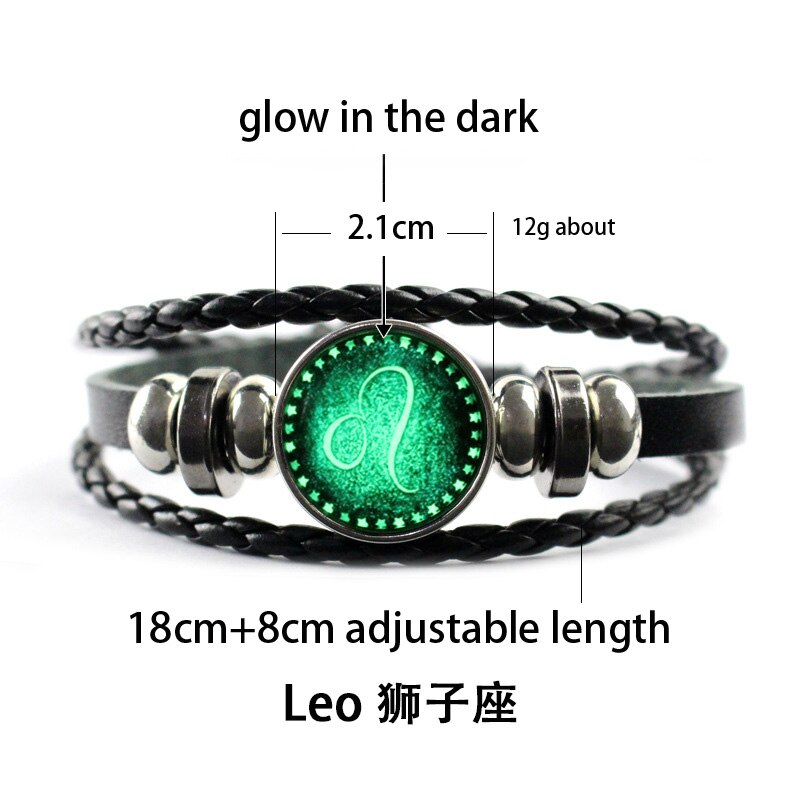Luminous 12 Constellation Glow In The Dark Bracelet Men Leather Glowing Night Fluorescence Charm Bracelets for Halloween: Leo