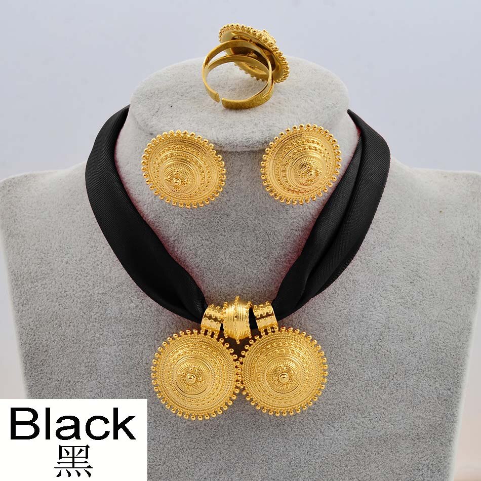 Anniyo DIY Rope Chain Ethiopian Jewelry Set Gold Color Eritrea Ethnic Style Habesha Pendant Earrings Ring #217106: Black