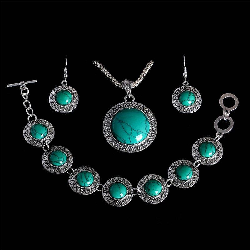 SHUANGR impostato di Gioielli D'epoca Verde naturale pietra Rotonda Del Pendente Degli Orecchini Della Collana Dei Braccialetti Delle Donne Della Boemia bijoux femme