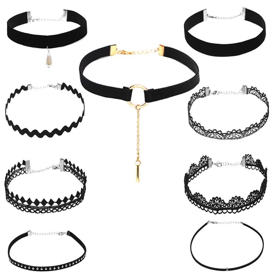 9 Pz/set Nero Punk Gotico di Velluto Panno di Flanella Della Collana Del Choker Madre Figlia Breve Collares Della Collana & Del Pendente Dei Monili Bijoux