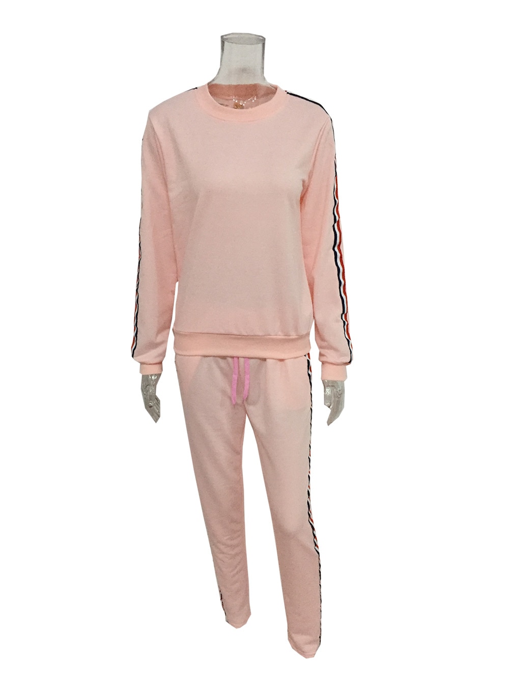 Striped Solid Suit Set Women Tracksuit Two-piece Sport Style Outfit Jogging Sweatshirt Fitness Lounge Sportwear: Pink / M