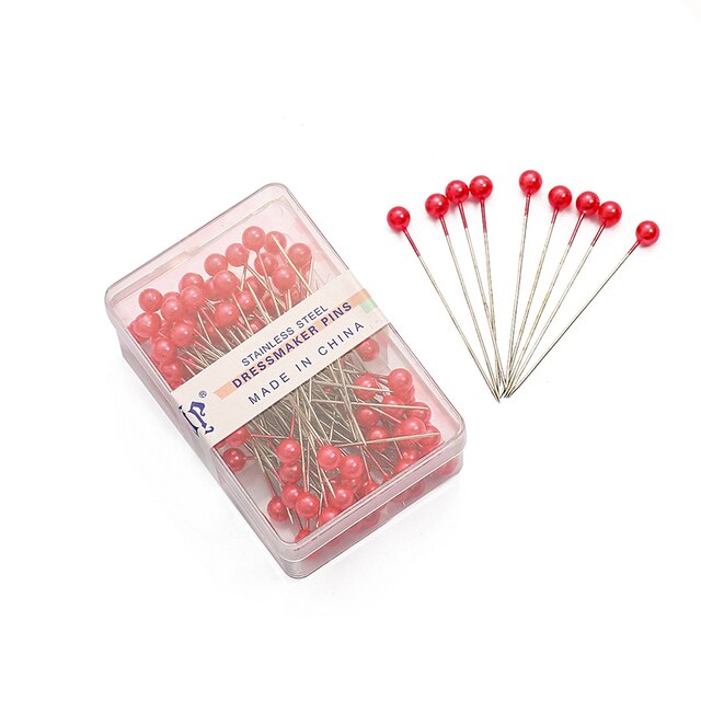 100Pcs/Box Colorful Round Pearl Head Needles Stitch Straight Push Sewing Pins For Dressmaking DIY Sewing Tools Positioning 38cm: Red
