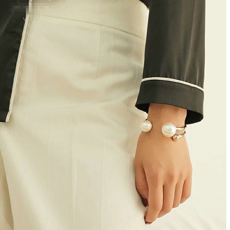 HUANZHI-pulsera de doble capa con perlas grandes y formas geométricas para mujer y niña, brazalete hueco, de joyería para , novedad de