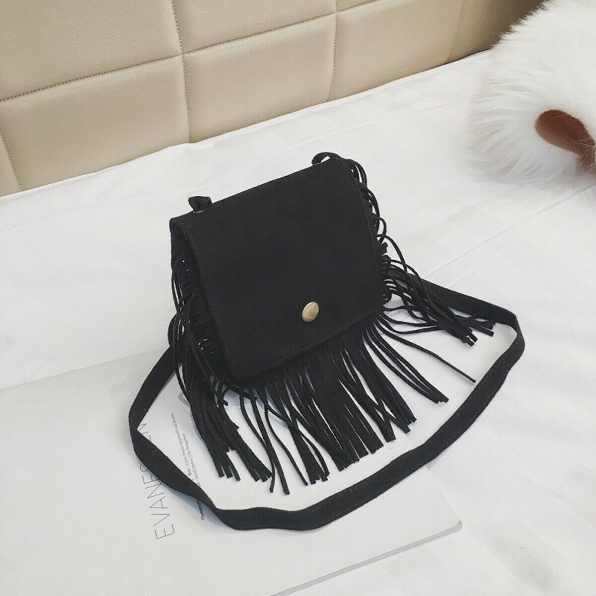 Bolsa de ombro com borla, bolsa de mão da moda tendência 2019 para meninas, cruzando o corpo, fofa de leopardo, pequeno, melhor presente: Preto