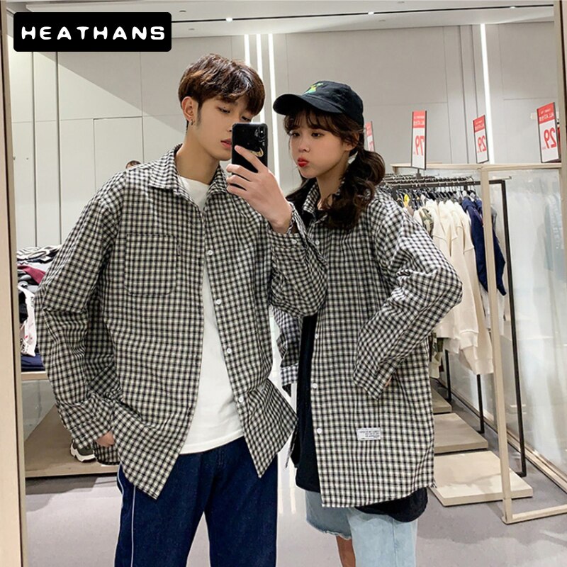 Couple Shirts Men Spring Autumn Harajuku Style Long-sleeved Shirt For Male Loose Plaid Mens Shirts Korean Couple Oversize Jacket