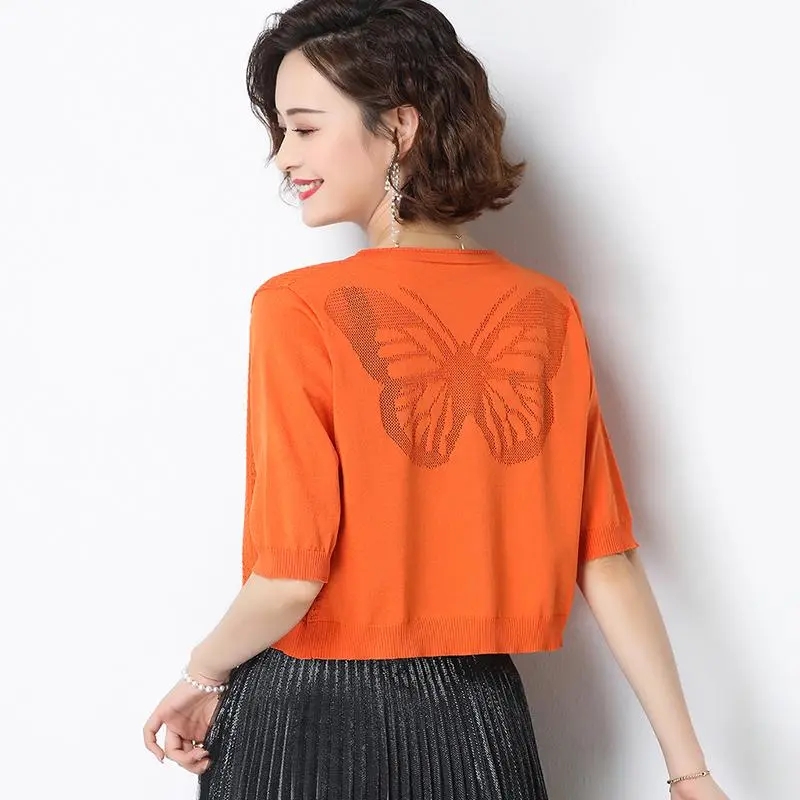 Dames Ijs Zijde Gebreid Vest Zomer Effen Kleur Holle V-Hals Losse Middelste Mouw Korte Sjaal Ropa De Mujer Ofertas