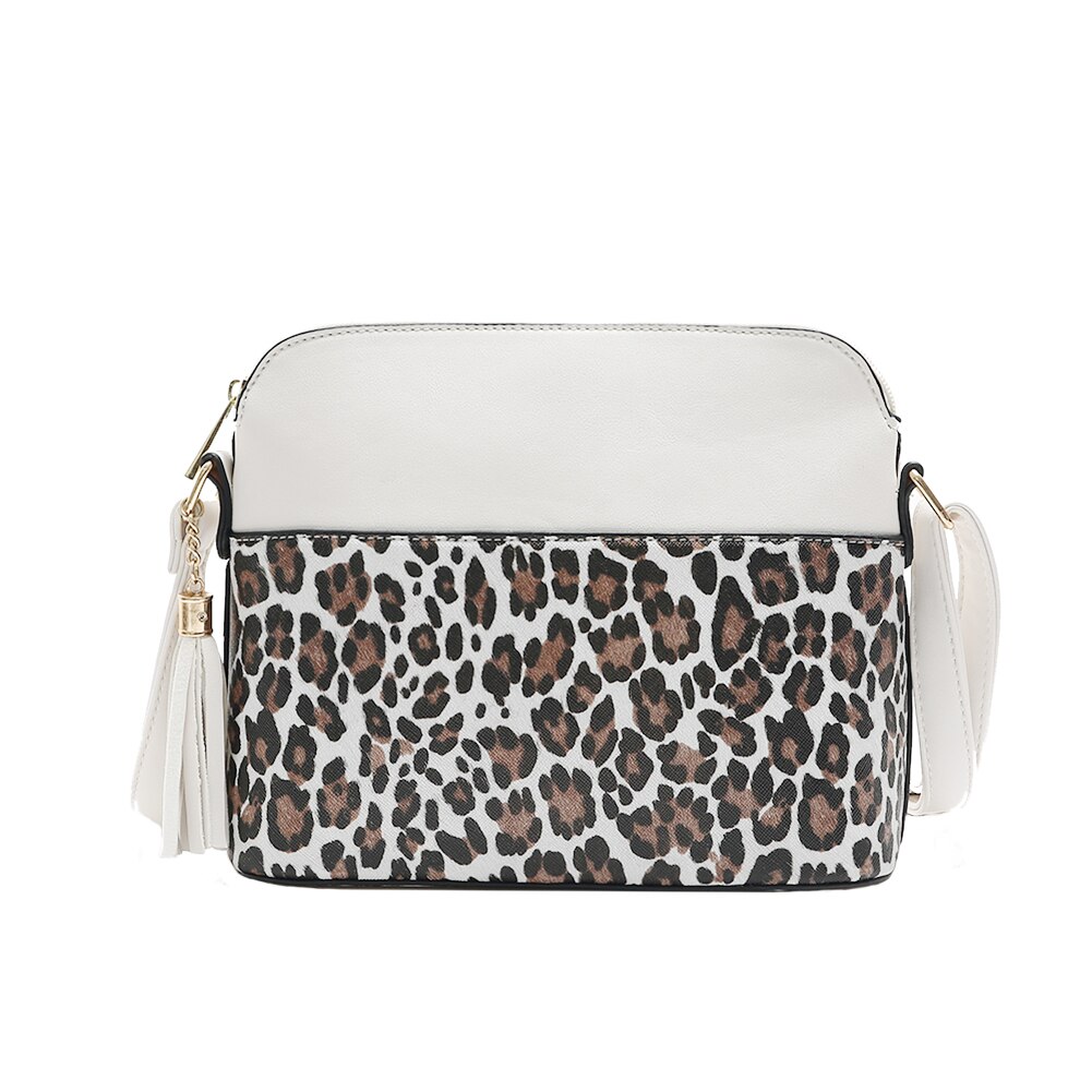 Kvinnor ormskinn leopard splitsning damväska retro kvinnliga tofsar axelväska pu läder skal crossbody handväska: Leopard vit