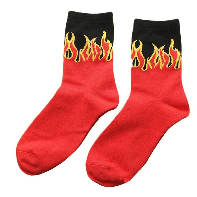 unisex street style with fire socks fun flame pattern skateboard hip hop man cotton socks happy woman long socks: 7