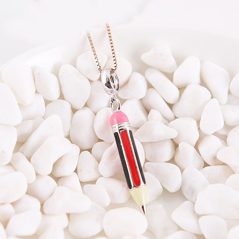 Authentieke 100% 925 Sterling Silver Bead Charm Potlood School Hanger Email Charmes Fit Armbanden Vrouwen Diy Sieraden