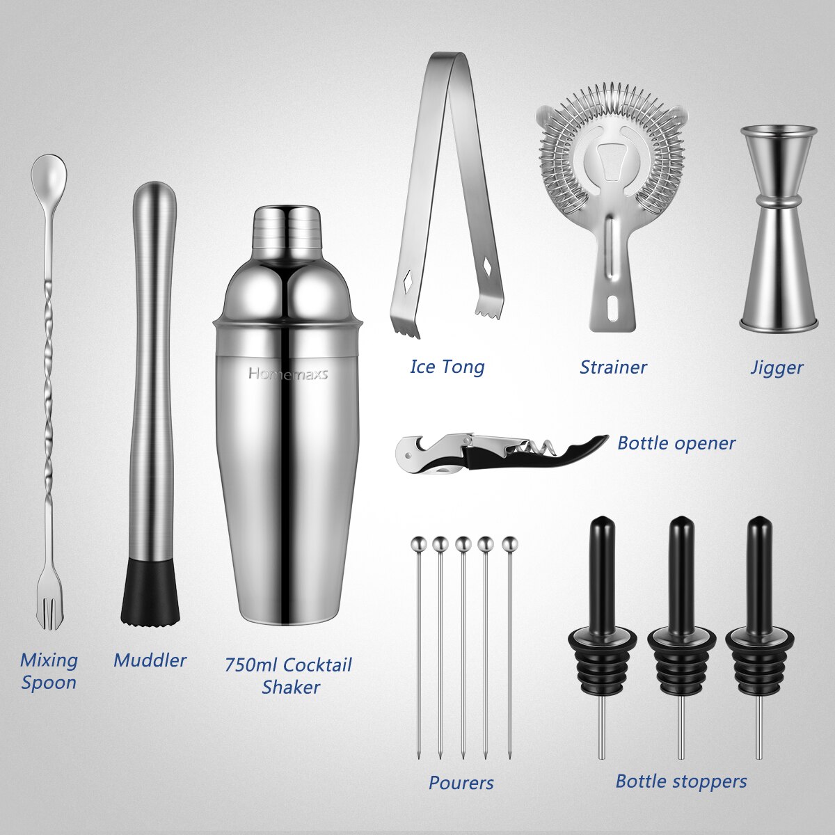 HOMEMAXS 17PCS/set Cocktail Making Tools Stainless Steel Cocktail Shaker Set Bar Set Strainer Muddler Jigger