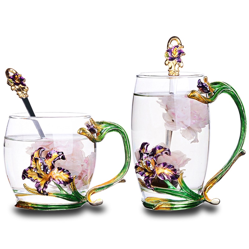 Iris blomma emalj glas kopp applikation värmebeständig glas te kopp kaffe glas bröllop familj kontor drinkware box