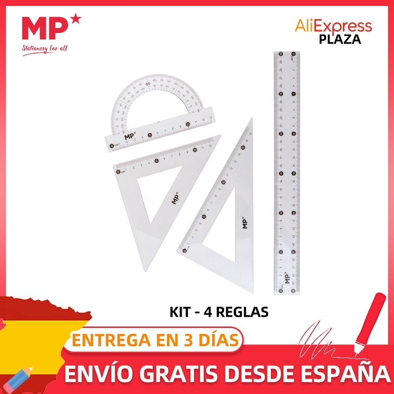 MP® Set de Reglas 4 pzs Escuadra Cartabón Transbordador de Ángulos Dibujo Herramienta Medición Suministros Accesorios Universal Carpintería Papelería Material Escolar Oficina Precisión Transparente Plástico Multiusos