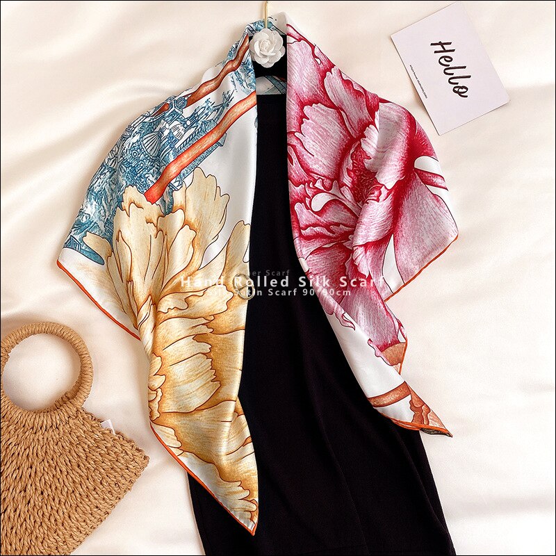 Blomstertryk manuel rullet tørklæde top satin tørklæde 90 x 90 satin firkantede tørklæder bandana 100%  silketørklæde sjaler og wraps