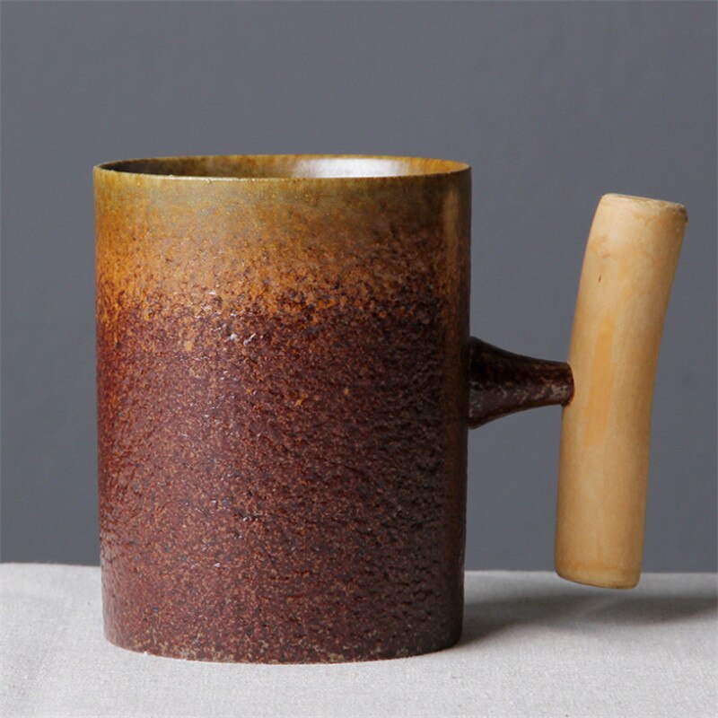 Japansk stil vintage keramisk kaffemugg tumlare rostglasyr te mjölk ölmugg med trähandtag vattenkopp hemmakontor drinkware: Gul