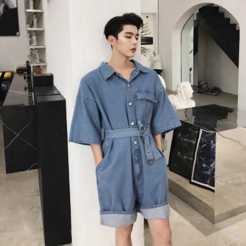 Summer Men clothing loose denim jumpsuit tooling short sleeves wide-legged pants set hairstylis costumes M-XXL