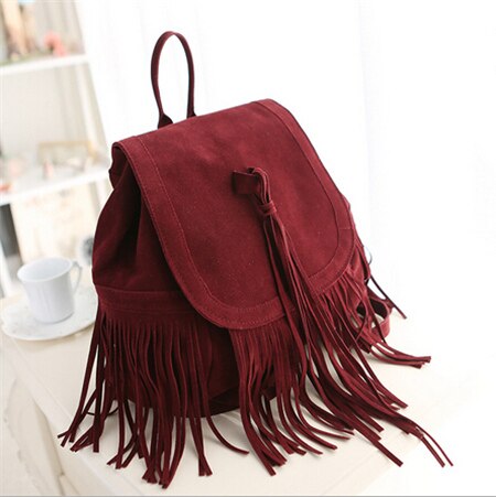 DIDABEAR Women Tassel Backpacks Girls Vintage Suede Shoulder School Bags Travel Backbags Mochilas Sac A Dos: Wine Red