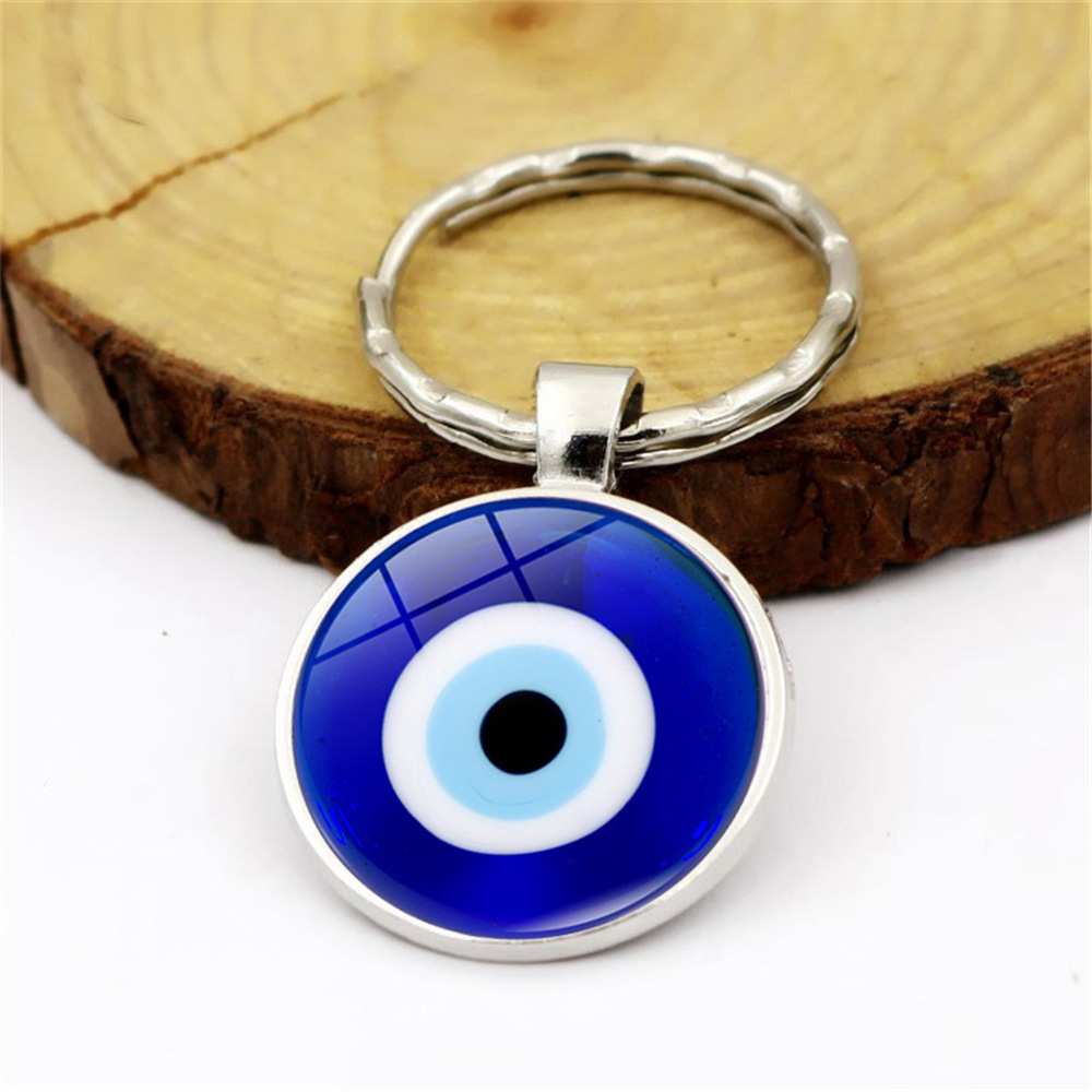 Beautiful Blue Evil Eye Religious Photo Round Glass Keychain Pendant Keyring Eyelash Big Evil Women Men Jewelry