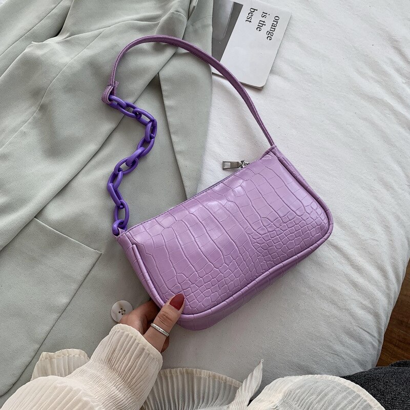 Bolso Baguette con de cocodrilo para mujer, cadena de Color caramelo , Bolso pequeño de hombro para mujer, moderno, bolso para axila de cuero: Purple