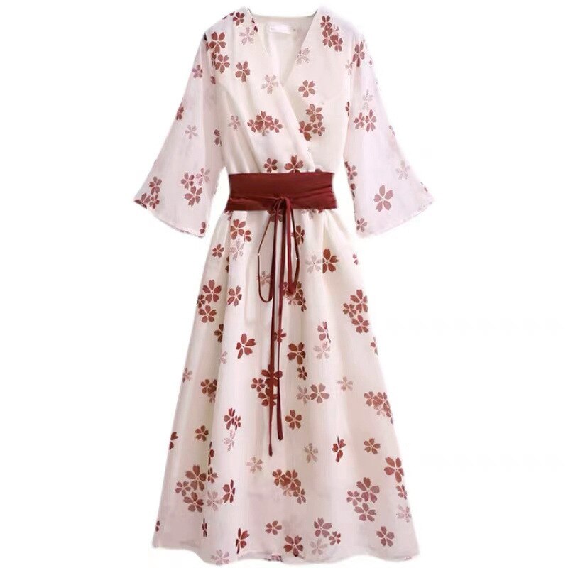 Vestido japonés de estilo Kimono para mujer, ropa tradicional Kawaii, con estampado de Sakura y Geisha Vintage, hasta la pantorrilla