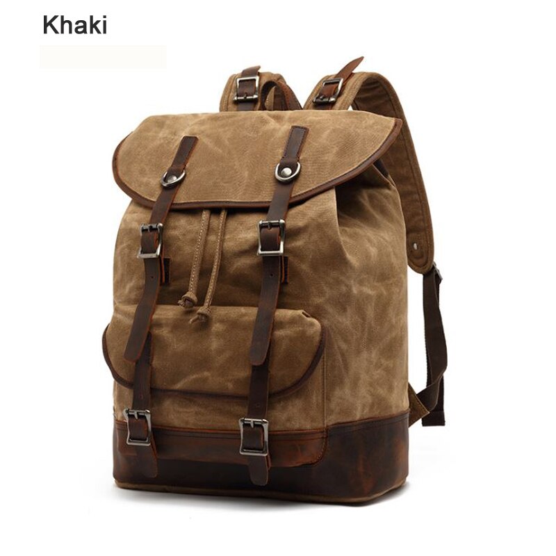 Waterproof Waxed Canvas Backpack Men Rucksack Women bagpack large Travel knapsack: Khaki