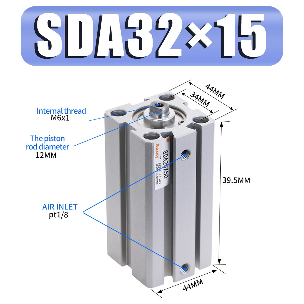 Sda Serie Pneumatische Compact Air Accessoires Cilinder Cilinder 32 Mm Boring Naar 5 10 15 20 25 30 35 40 45 50Mm Slag: Stroke 15mm