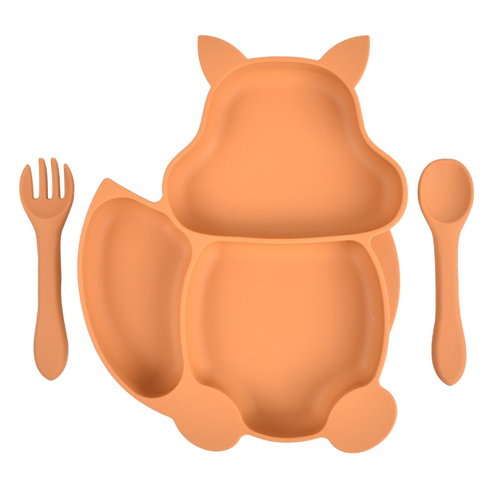 Baby Feeding Set Blue Silicone Suction Plate Squirrel Shape Self Feeding Training Stay Put Plate Soft Spoon Fork Dish Kit: 3