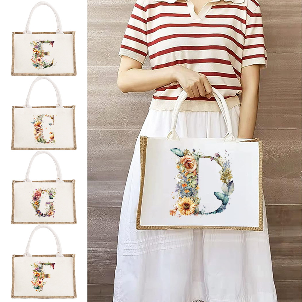 Sac à bandoulière en lin de grande capacité, sac de Shopping pour femmes, motif imprimé de lettres florales, sac d'imitation de Jute