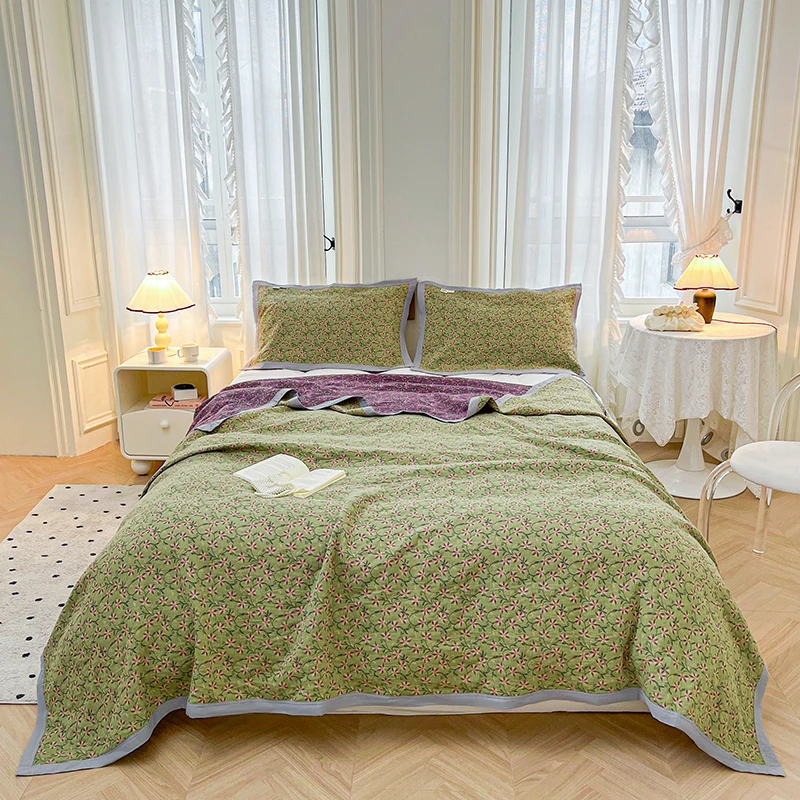 Dubbellaags bedovertrek katoenen deken Jacquard sprei garen geverfde spreien en dekbedden Beddekens Bank Handdoek Lakens: Queen / Licht Groen