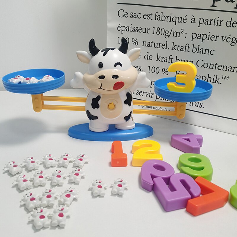 Montessori Math Match Toy Monkey Cow Balancing Scale Preschool Number Balance Toys Baby Educational Learning Board Game: Cow