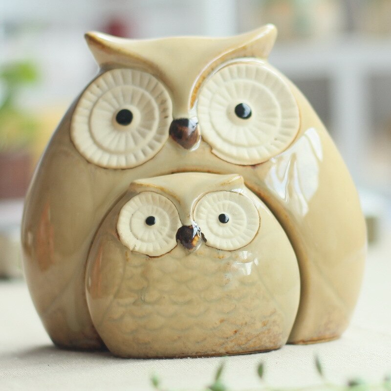 Artesanías de cerámica, adornos de animales esmaltados, madre, búho, Padre, Hijo, búho, decoración creativa del hogar, 2 colores opcionales ~: Amarillo claro