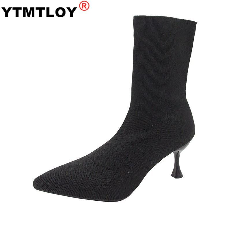 Sokken Korte Botas Vrouwen Solid Breien Chelsea Laarzen Stretch Sok Mid-Kalf Bota Hoge Hakken Zapatos Mujer