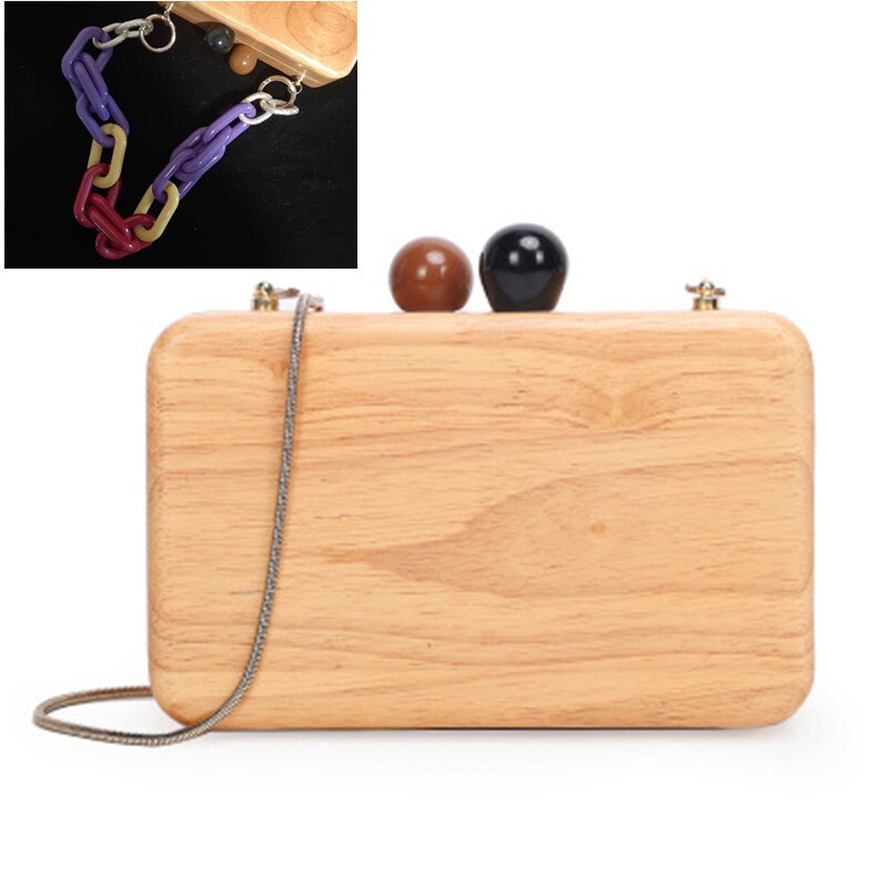 lente en zomer hout serie kraal vierkante doos schoudertas diagonaal hout avond clutch handtas: Log  acrylic chain