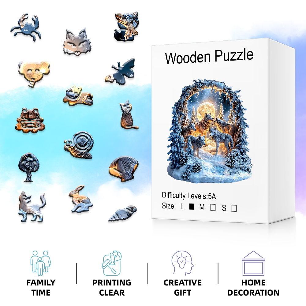 Wooden Puzzle: Magical Winter Wolf Forest Scene as Artistic Handicraft Decor Birthday