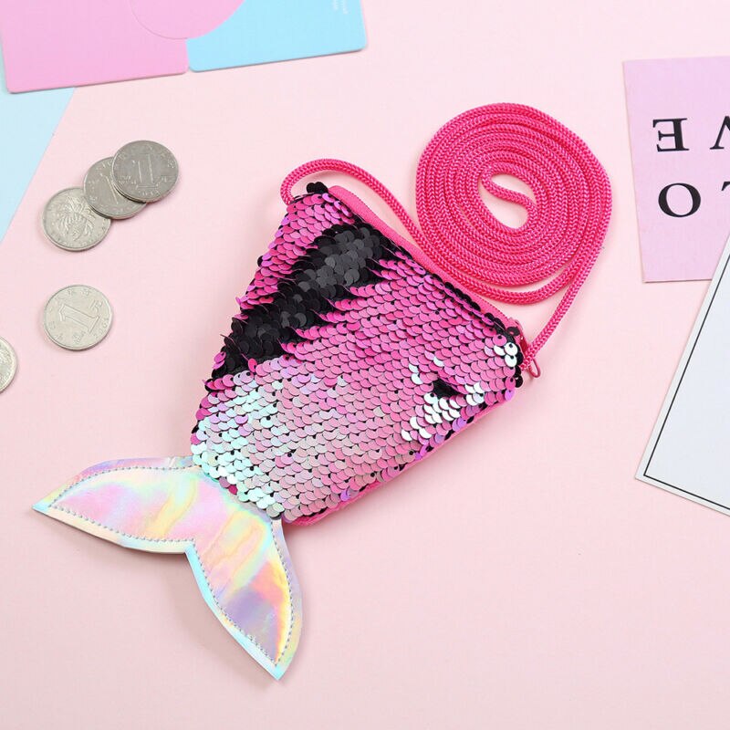 Baby Girls Colorful Sequins Mermaid Tail Bag PU Leather Princess Zipper Purse Crossbody Coin Bag for Children