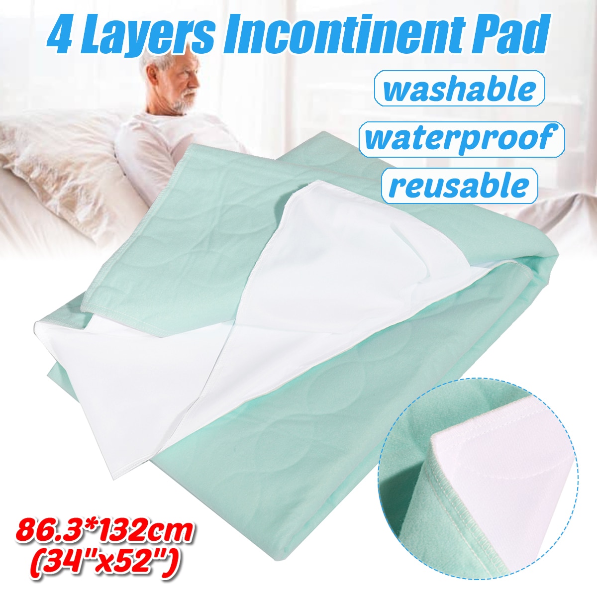 Kidsadult 4- lags madrasbetræk, der kan tages sammen, vaskbart, genanvendeligt beskytter, vandtæt underpude, sengepude til inkontinens