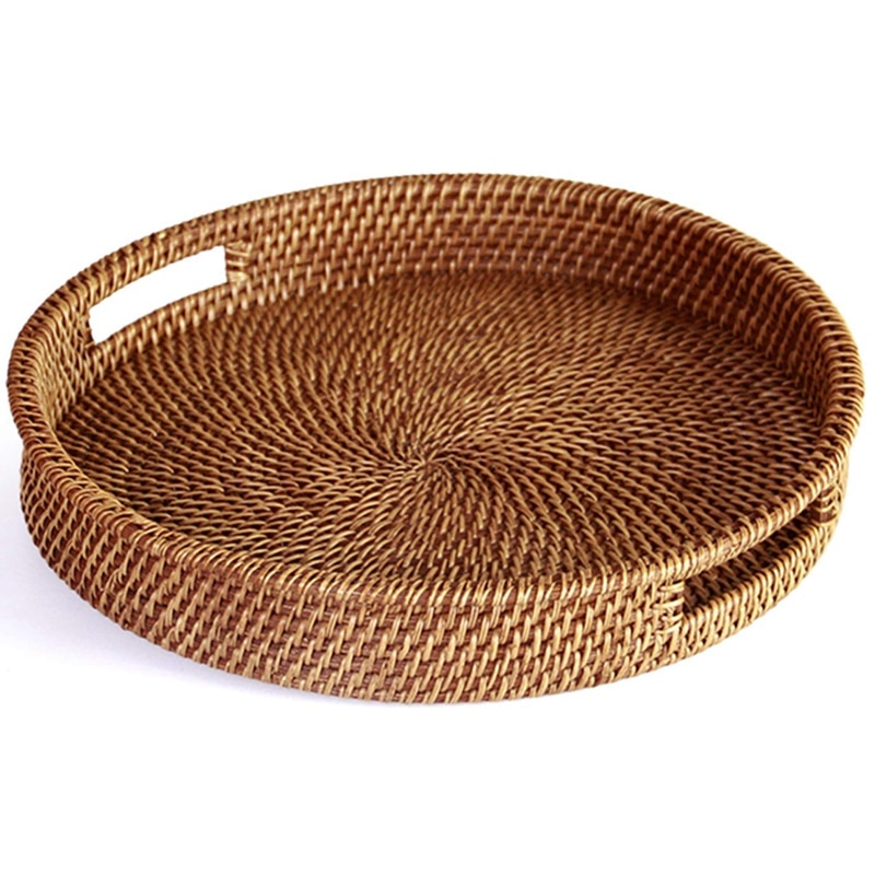 Rottingbricka med handtag-handvävt multifunktionellt korgfack med slitstark rottingfiber (rund 13.5 tum diameter, naturlig)