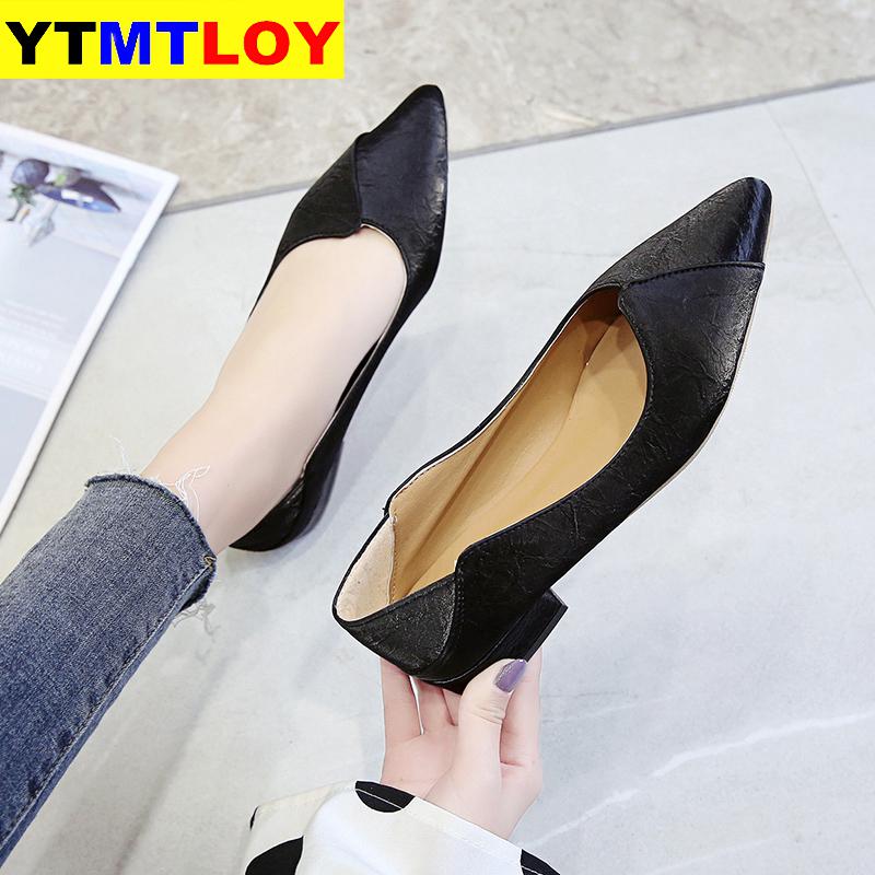 Square Heels Pointed Toe Pumps Shoes Women Spring Leather Med Heels V Mouth Casual Office Lady Shoes Low Summer Leisure