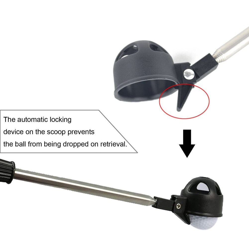 Golf Ball Picker Black Stainless Steel Automatic Locking Scoop Telescopic Extendable Retriever