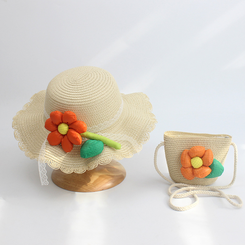 2024 neue Sommer Mädchen Strohhut Set Handtasche neue Blume Sonnenhut Strohhut Sonnenhut Kinder Mädchen Baby Strohhut Sombrero Sunset: Dark Grau