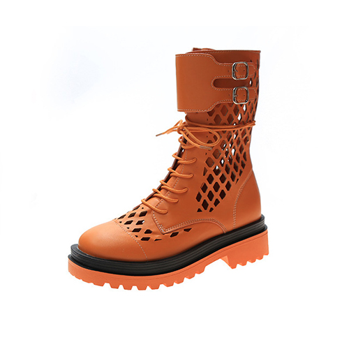 Dames kniehoge laarzen dames veterschoenen dames rits gesp ronde neus uitgehold ademende dames coole schoenen: Oranje / 6.5