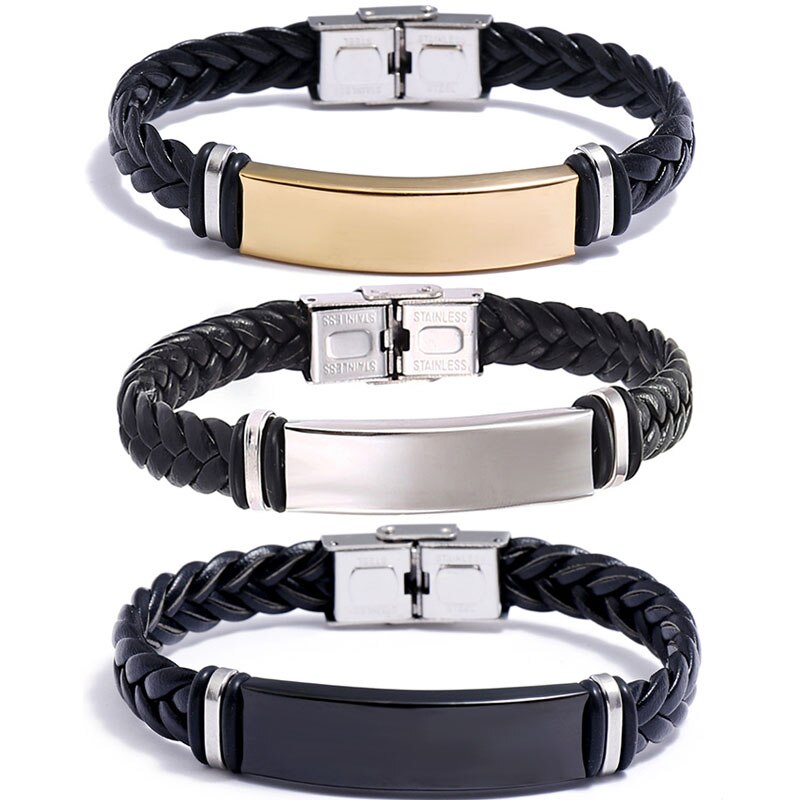 Pulseira de couro trançada de aço inoxidável, pulseira para homens, placa polida, pulseira masculina, joias da amizade