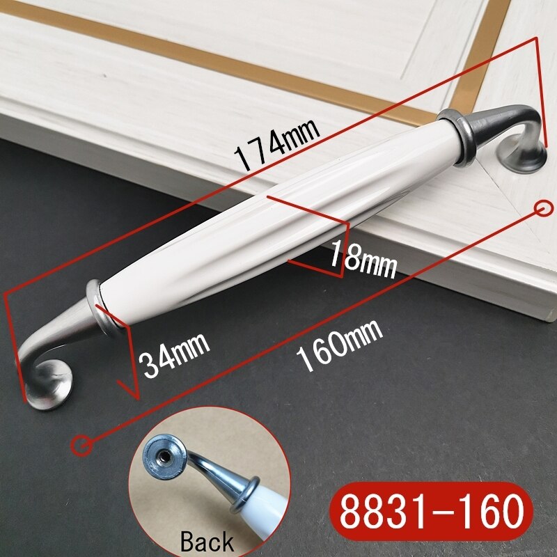 Silver White Ceramic Cabinet Handles Zinc Alloy Drawer knobs Wardrobe Door Handle Simple European Pulls Furniture Hardware: 8831-160
