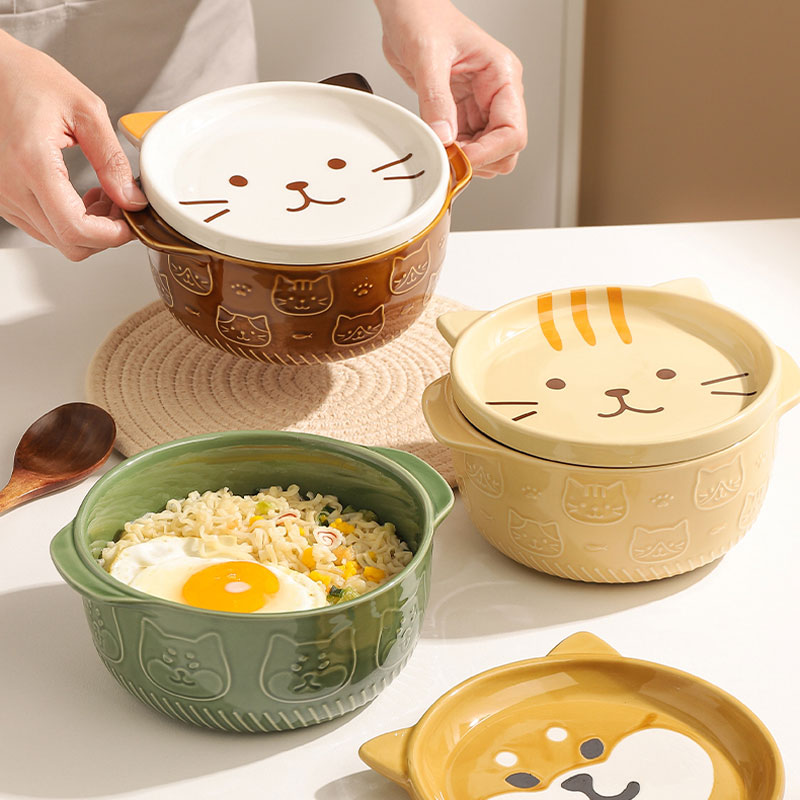 Cartone animato in ceramica giapponese gatto cane spaghetto ciotole con coperchi simpatico animale zuppa insalata frutta ciotola scatola decorativa stoviglie cucina arredamento