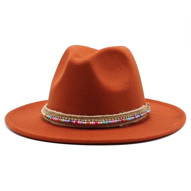 Herr kvinnor bredbrättad ullfilt fedora panama hatt med bältesspänne jazz trilbykeps fest formell topphatt i vitt,svart.rosa: Karamellfärg