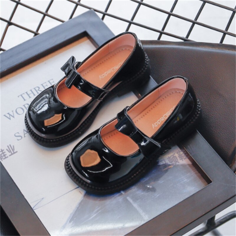 Zapatos de cuero con lazo negro para niños y niñas, mocasines de princesa, planos para estudiantes, primavera y otoño, 02